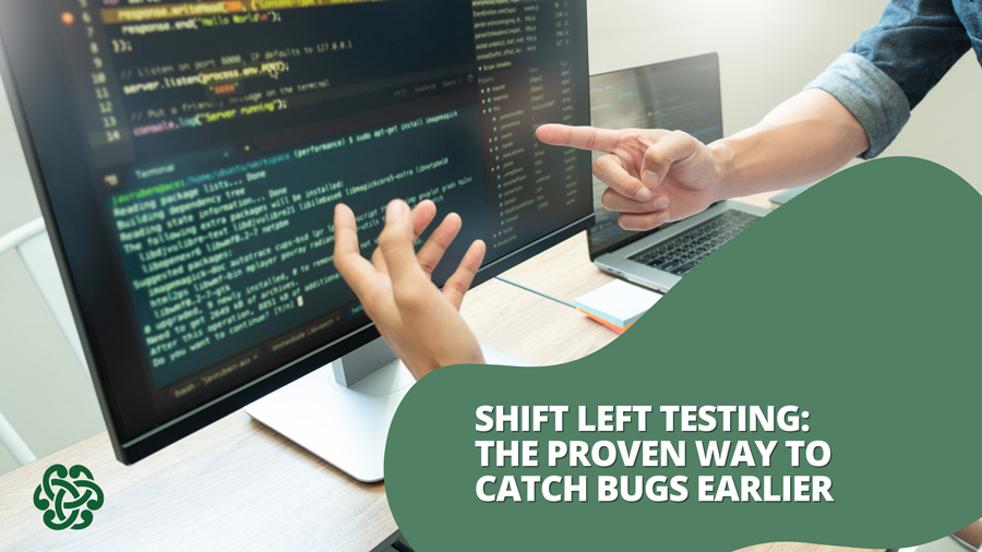 Illustration of software testing shifting left in the development cycle to catch bugs earlier and improve software quality.