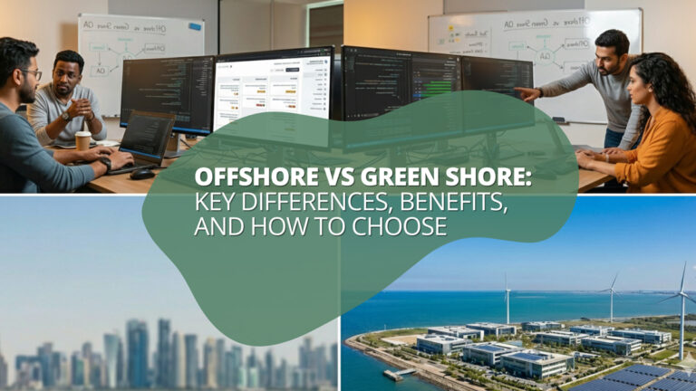 Illustration comparing offshore vs green shore outsourcing models, showing differences in collaboration, quality, cost, and service alignment for software and QA teams.