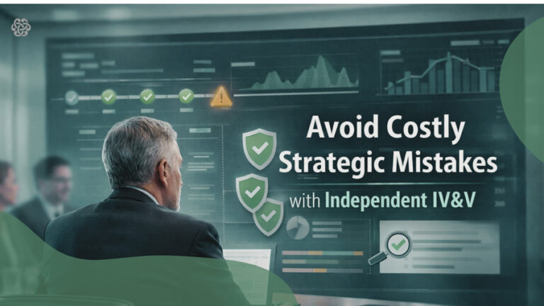 Executive reviewing program dashboards illustrating how independent verification and validation (IV&V) helps avoid costly strategic initiative mistakes