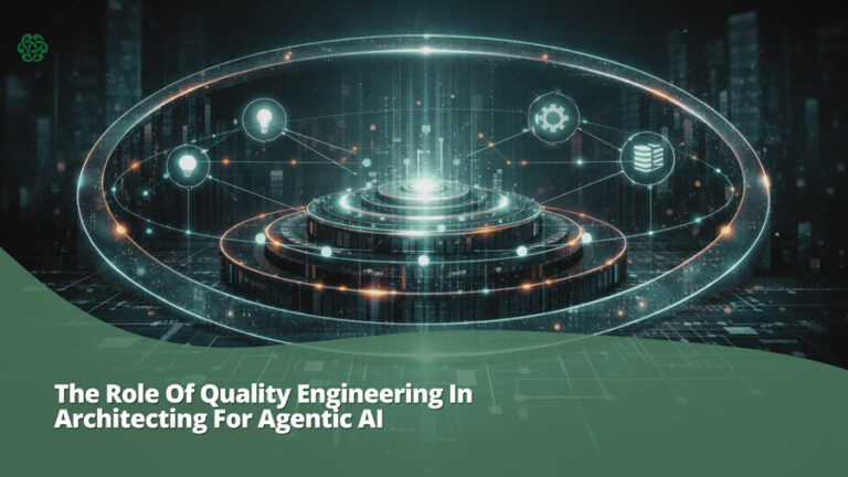 Abstract visualization of enterprise architecture redesigned for agentic AI, showing orchestration layers connecting autonomous AI agents with integrated quality engineering governance and observability controls