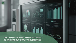Quality Management Office (QMO) and QA Center of Excellence (QA CoE), highlighting governance, metrics, and enterprise quality oversight.
