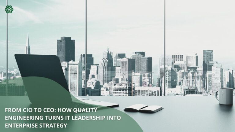 Abstract enterprise skyline with digital architecture layers symbolizing how quality engineering elevates CIO leadership into enterprise strategy