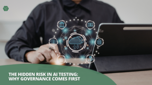 Business professional using a laptop with digital cloud and security icons representing AI testing governance, data protection, and risk management in enterprise systems