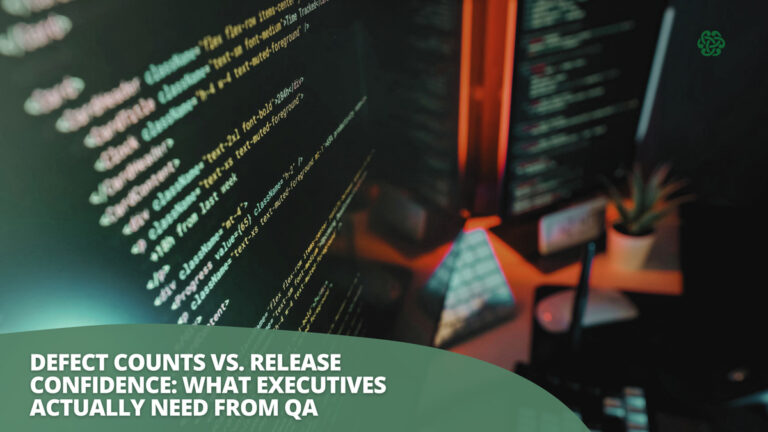 Executive QA dashboard showing release confidence metrics, software risk visibility, and test coverage reporting instead of defect counts