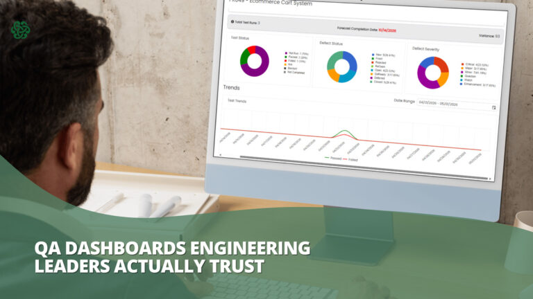 QA dashboard showing metrics while engineer reviews data