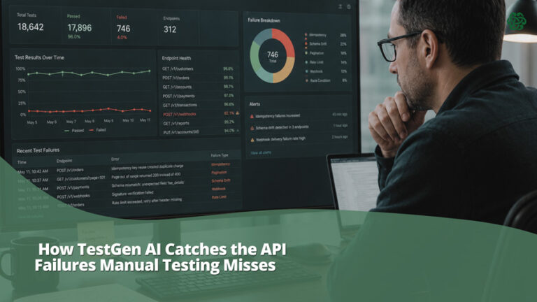 Software QA engineer reviewing an API testing dashboard showing passed and failed test results, including alerts for idempotency issues, schema drift, rate-limit mismatches, race conditions, and webhook delivery failures.