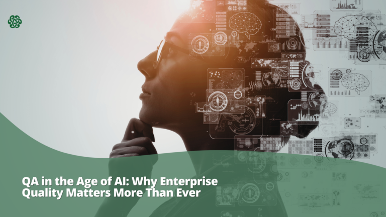 Woman viewing AI technology and digital analytics, illustrating the importance of enterprise QA and software quality in the age of AI.